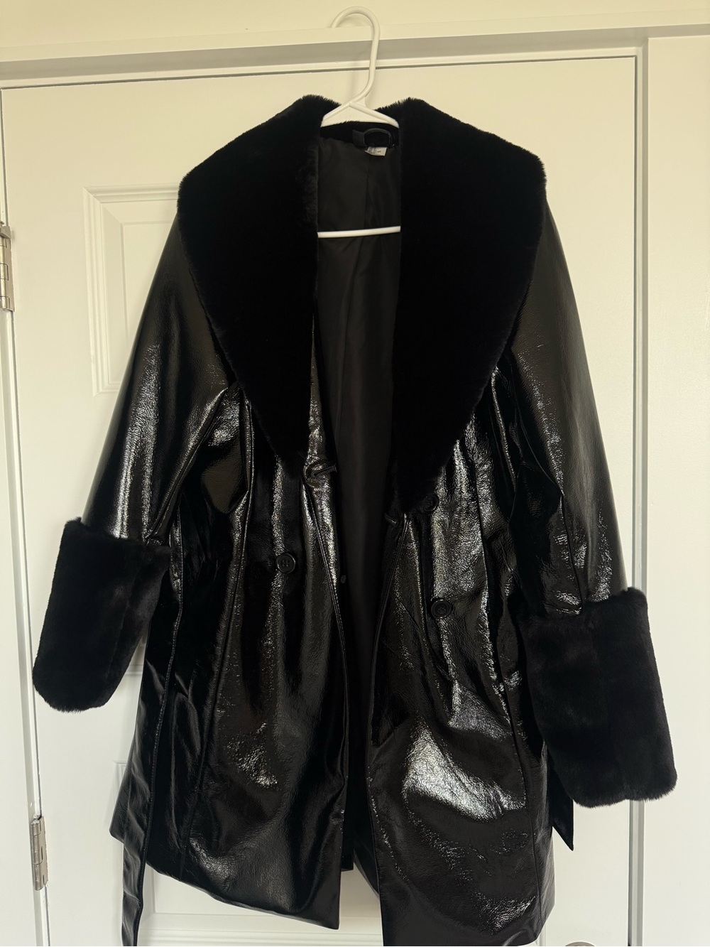 RARE H&M Black vinyl faux fur trim coat